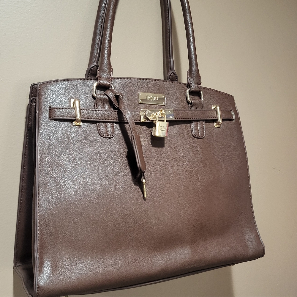 BCBG Paris Brown Leather Triple Gusset Lock And Key Shoulder Bag Purse